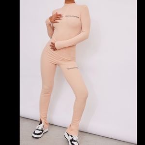 PRETTYLITTLETHING dusty pink crinkle rib split hem leggings & half zip bodysuit